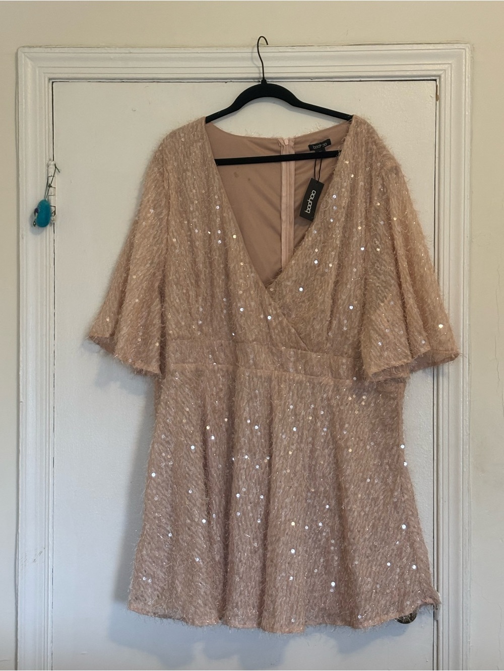 Boohoo Blush Sequin V-Neck Mini with Flutter Sleeves
